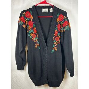 Vintage Separate Issue Floral Embroidered Cardigan Sweater Black Ramie Cotton M
